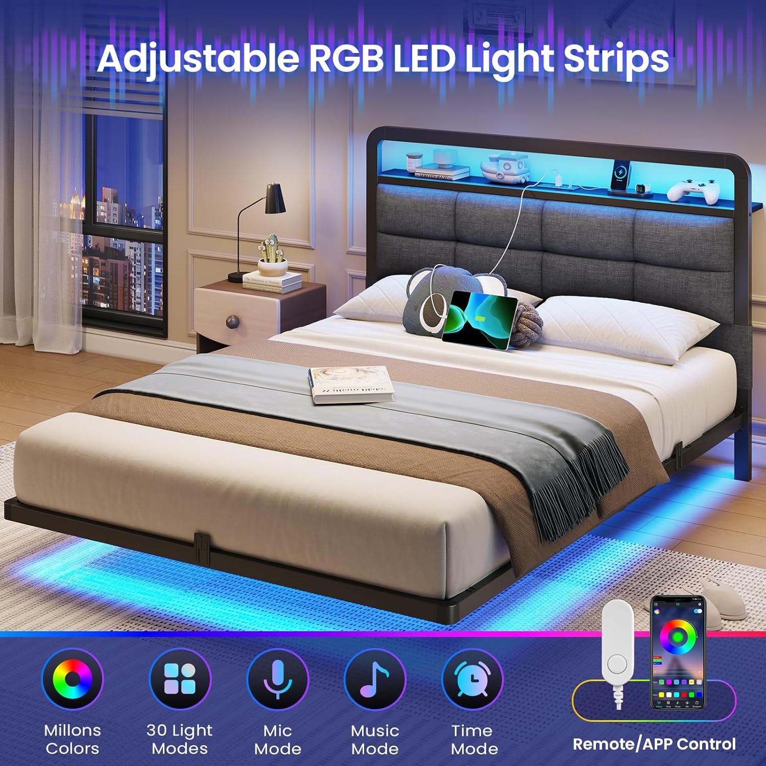 Mabor Floating Bed Frame with Storage Headboard and Charging Station and LED Lights, Full/Twin Size