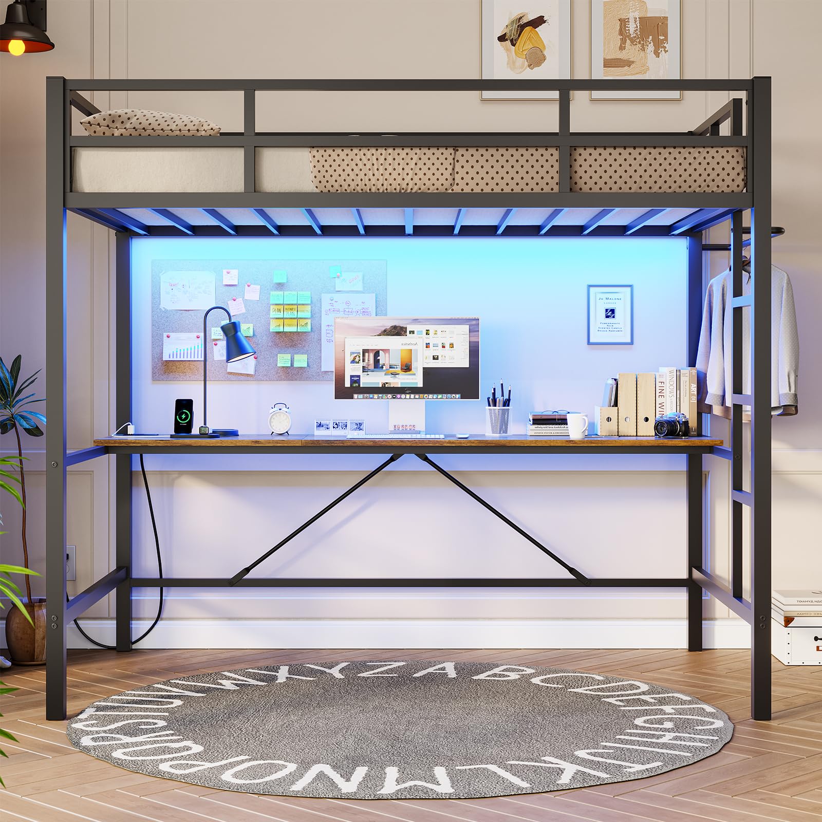 Twin Size Loft Bed Frame with Desk&Charging Station&Led Lights&Clothes Rail, Black/White