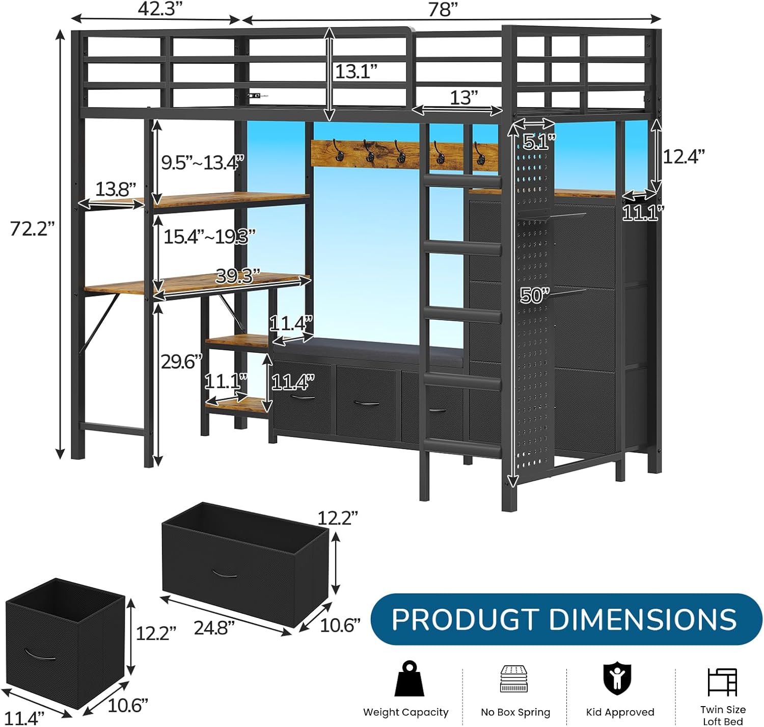 Mabor Twin Size Loft Bed with Desk and 6 Storage Drawers and LED Lights and Charging Station and Large Pegboard,Black/White