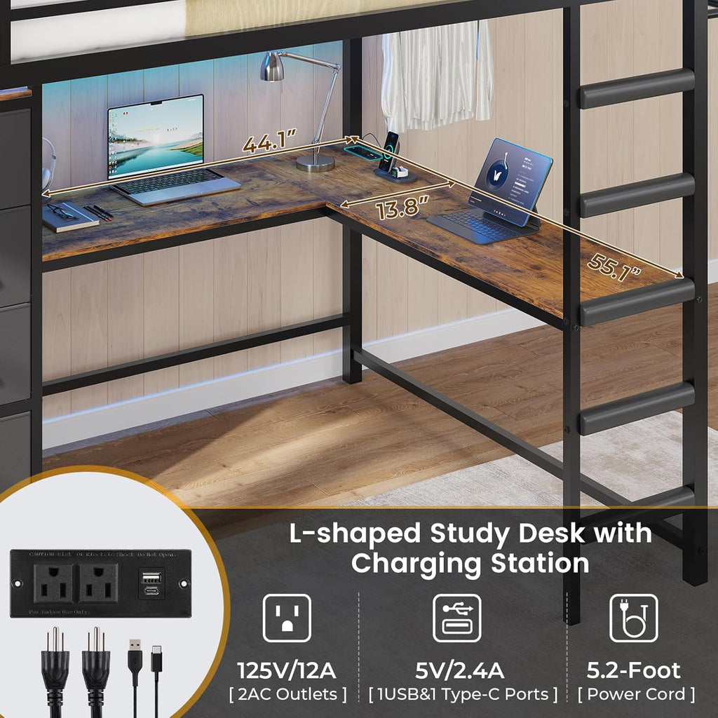 Mabor Twin/Full Size Loft Bed Frame with L-Shaped Desk & Charging Station & LED Lights & 7 Storage Drawers for Bedroom, Black/White