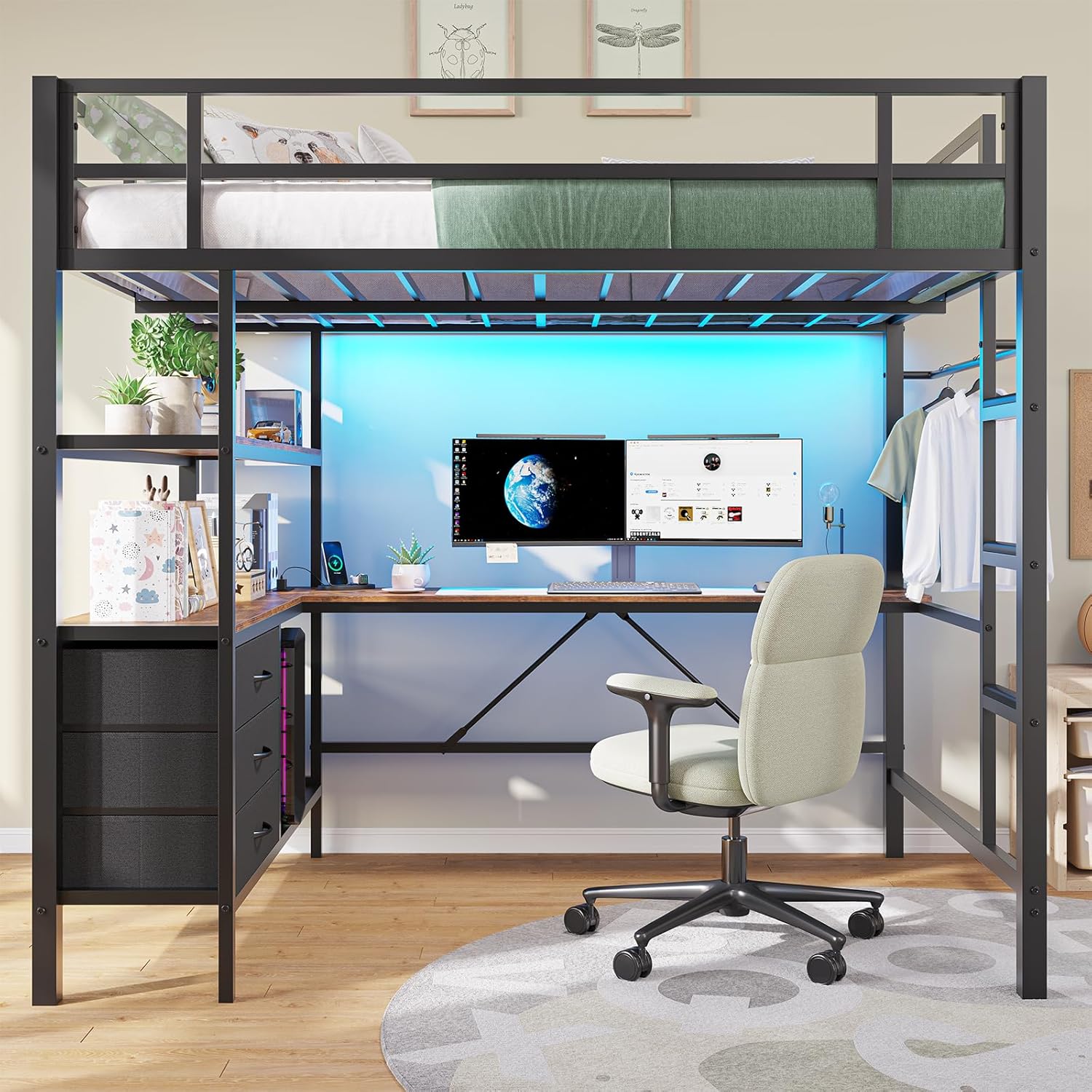 Full Size Loft Bed Frame with Desk&LED Lights&Charging Station&3 Storage Drawers, Black/White/Pink