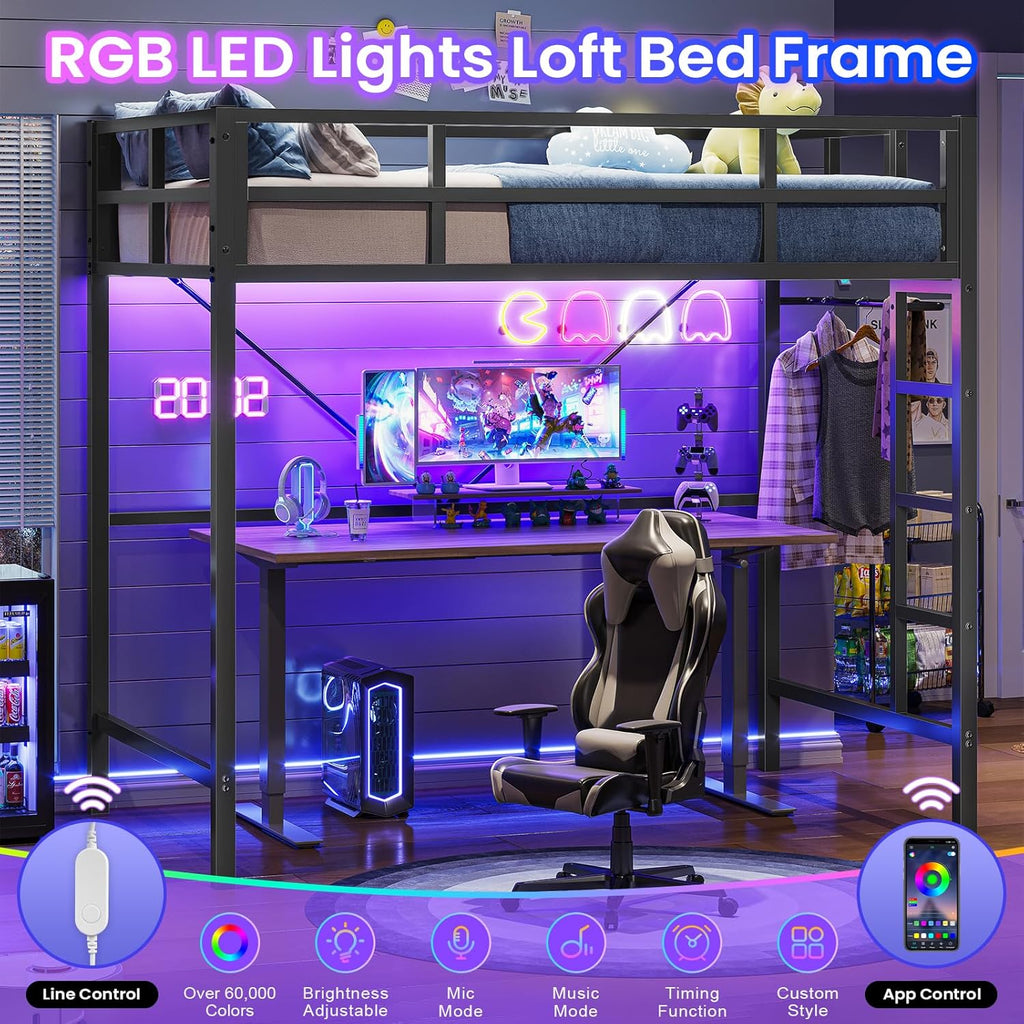 Twin Size Loft Bed Frame with Led Lights, Metal Loft Bed Frame with Full-Length Guardrail and Ladder, No Box Spring Needed, White