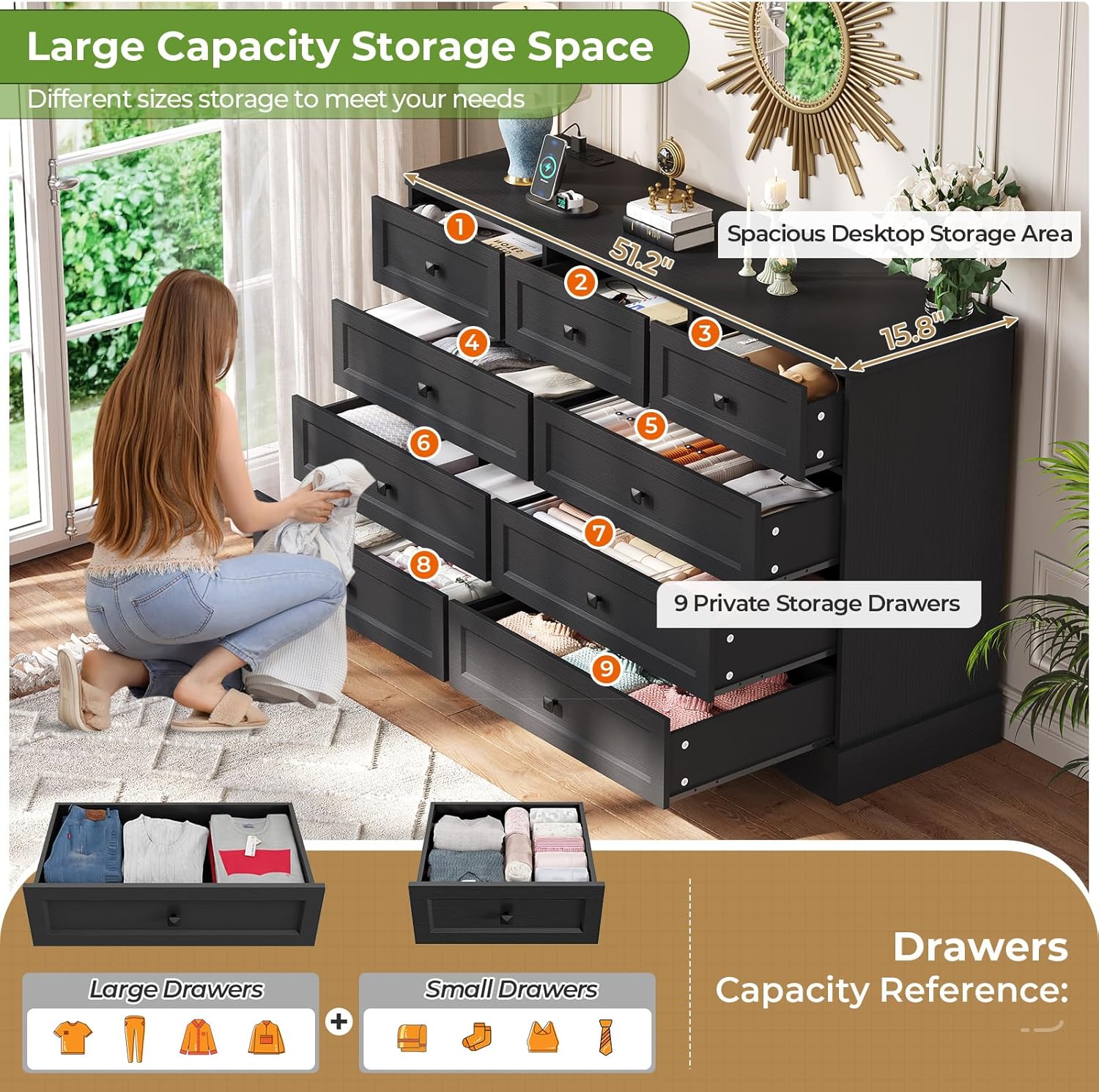 Mabor 9 Drawers Dresser with Charging Station for Bedroom, Chest of Drawers with 9 Drawers, Black/White