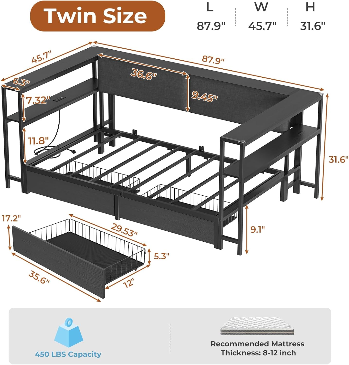 Mabor Corner Bed Frame Twin/Full Size Daybeds with 2 Drawers & Charging Station & Storage Shelves for Bedroom, Black/Gray