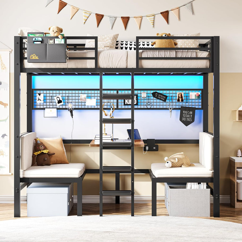 Twin Over Twin Metal Bunk Bed with Desk, Twin Size Loft Bed with Led Lights and Charging Station, Safety Guard and Stair, Convertible Metal Bunk Bed