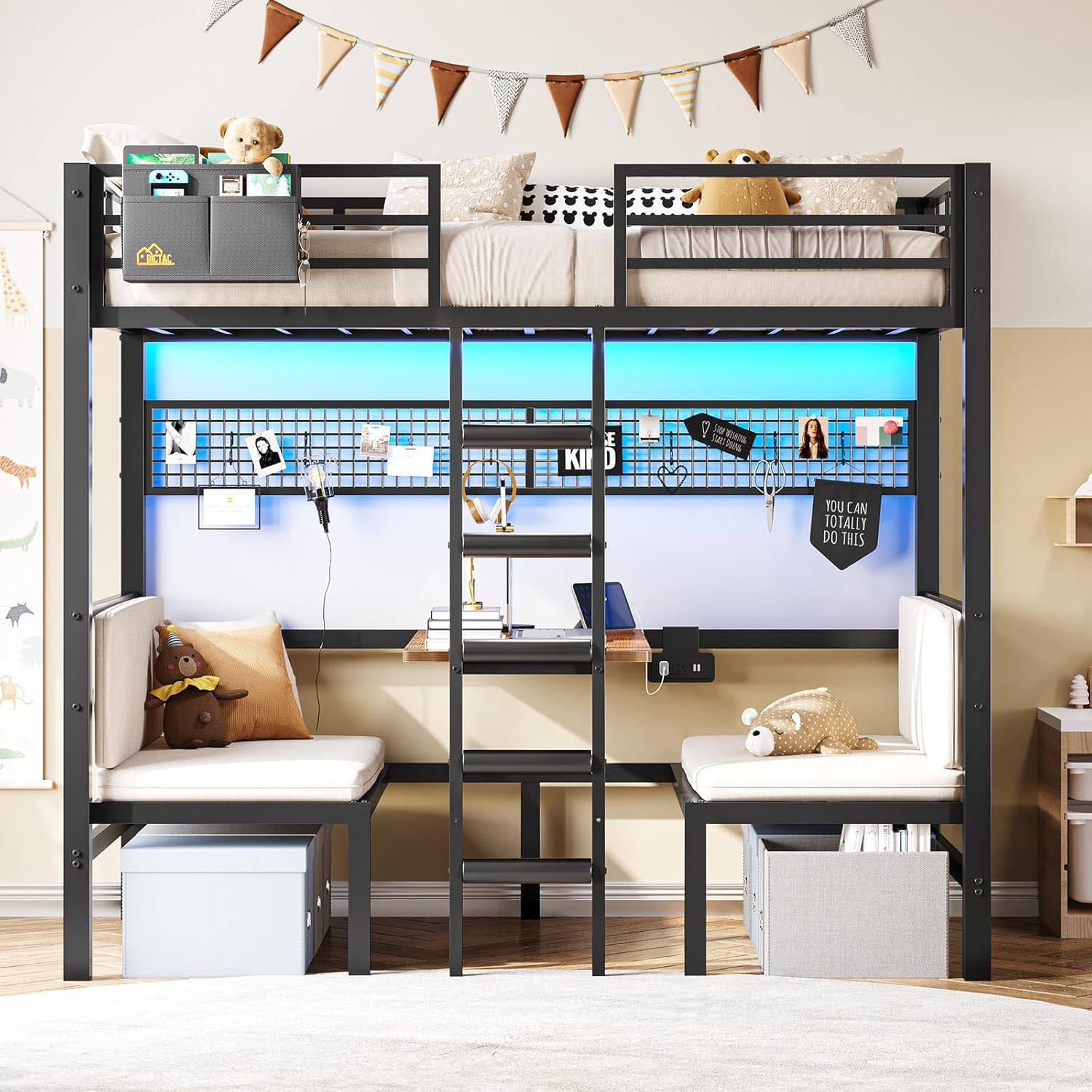 Twin Over Twin Metal Bunk Bed with Desk, Twin Size Loft Bed with Led Lights and Charging Station, Safety Guard and Stair, Convertible Metal Bunk Bed
