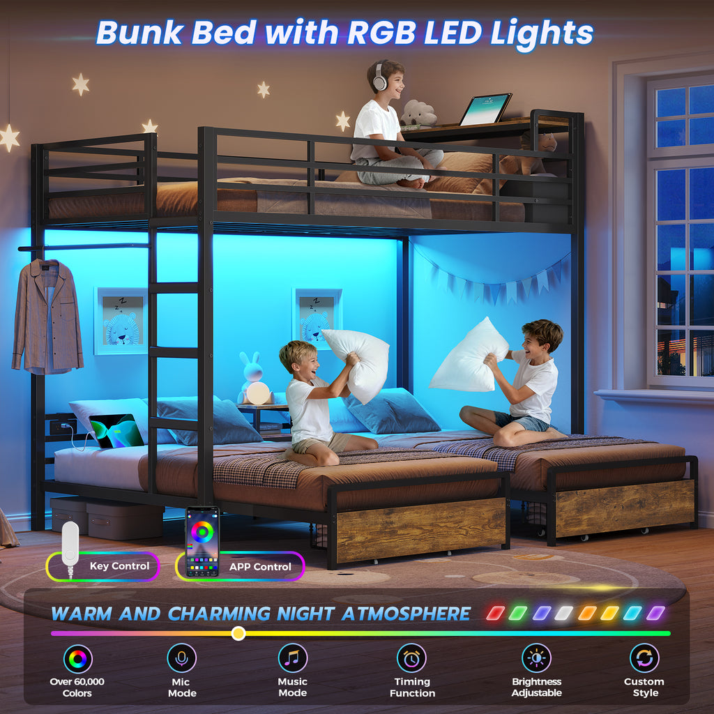 Mabor Triple Bunk Bed with LED Lights and Charging Station, Twin Over Twin Over Twin Loft Bed Frame with 3 Storage Drawers&Study Desk&Guardrails and Ladder, Black/White