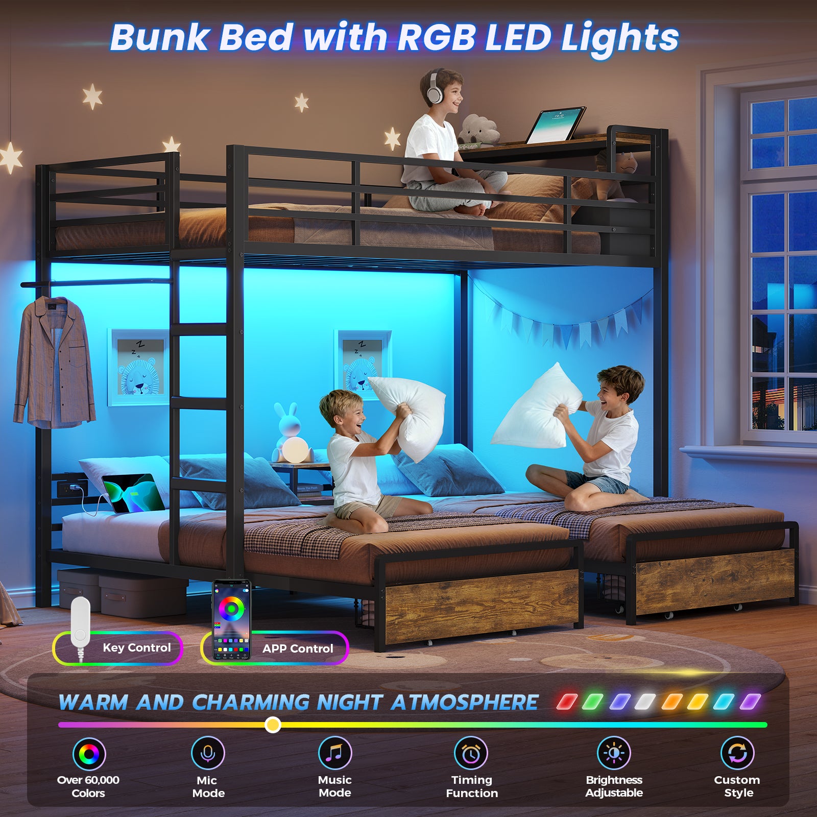 Mabor Triple Bunk Bed with LED Lights and Charging Station, Twin Over Twin Over Twin Loft Bed Frame with 3 Storage Drawers&Study Desk&Guardrails and Ladder, Black/White