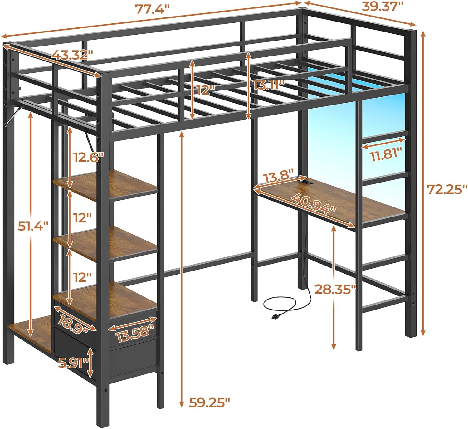 Mabor Twin Loft Bed with Desk&Charging Stations&Led Lights, LED Metal Loft Bed Frame with Storage Shelves&Drawers&Clothes Rail, Safety Guard & Ladder, Black