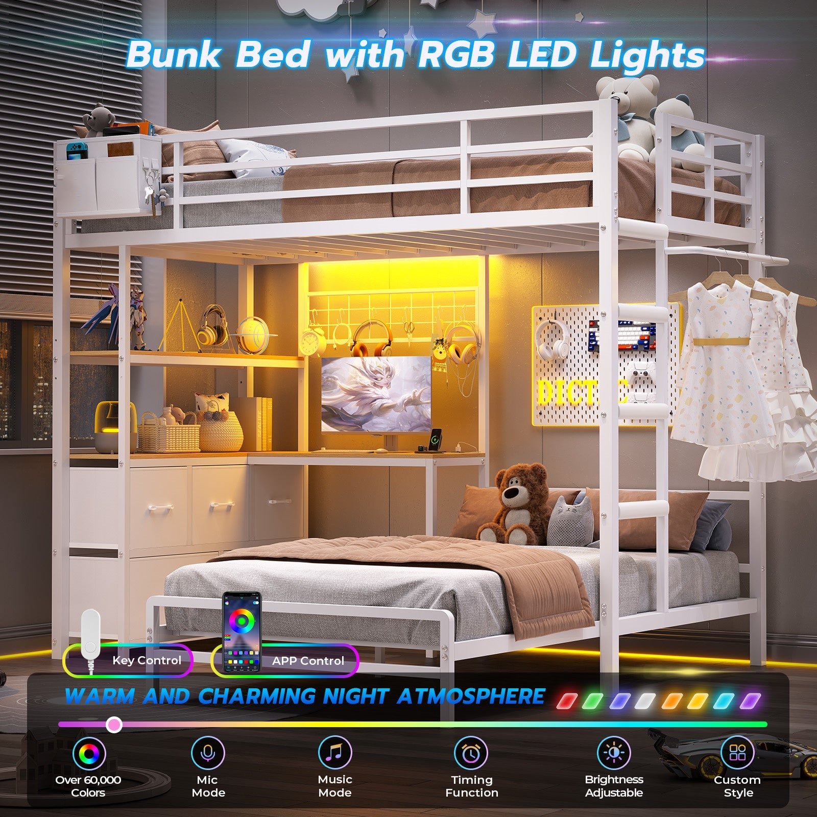 L-Shaped Bunk Bed Twin XL Over Twin Size Metal Bunk Bed with Charging Station and LED Lights and Drawers&Shelves for Bedroom, White