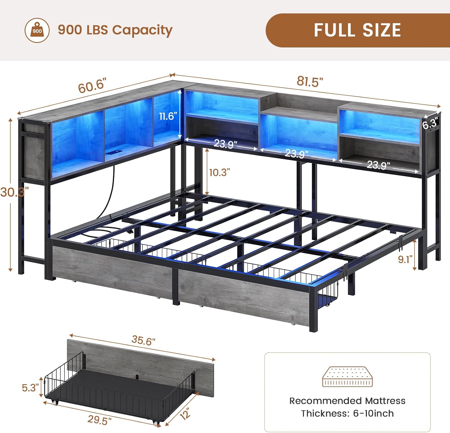 Mabor Metal Daybed Corner Bed Frame with 2 Drawers & Charging Station & Led Light &Bookcase Storage, Twin/Twin XL/Full Size
