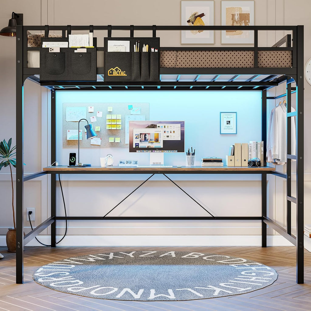 Loft Bed Frame Full Size Heavy Duty Metal Loft Bed with Desk&Charging Station&Led Lights&Clothes Rail, Safety Guard & Ladder, No Noise, Black