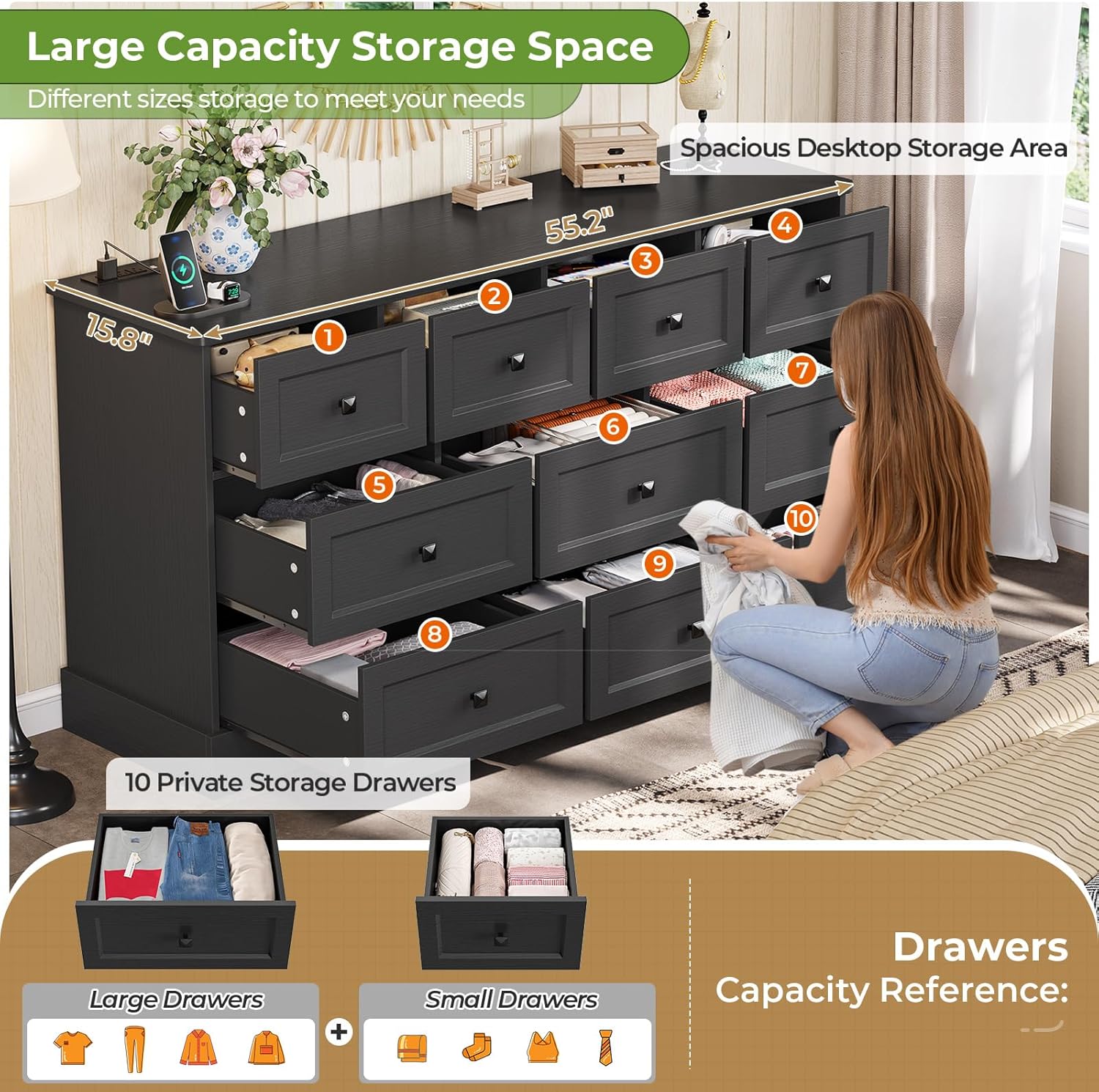 Mabor 10 Drawers Dresser with Charging Station for Bedroom, Farmhouse Chest of Drawers, Black/White