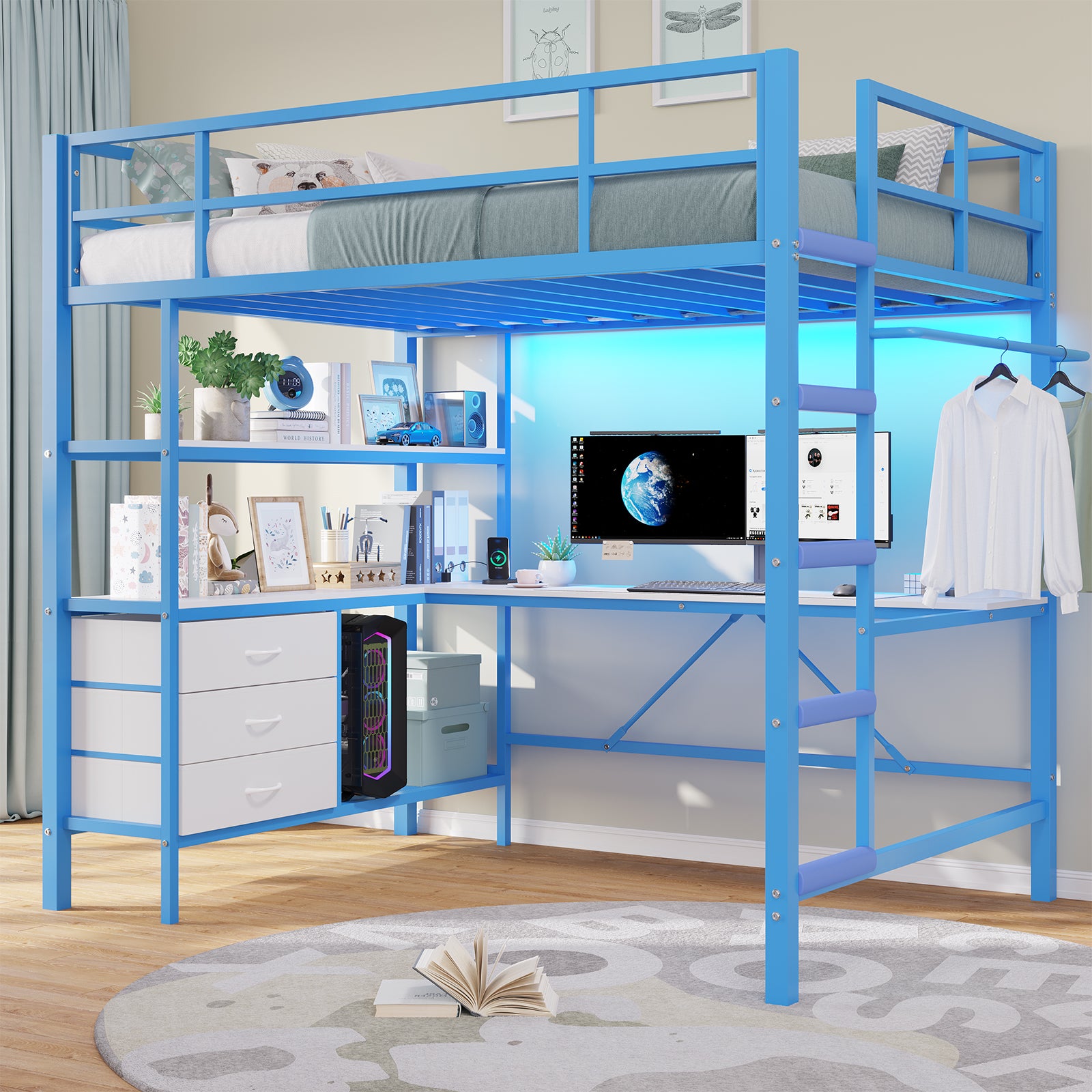 Twin Size Metal Loft Bed Frame with L-Shaped Desk&LED Lights&Charging Station, Black LED Loft Bed with 3 Storage Shelves&Drawers, No Box Spring Needed