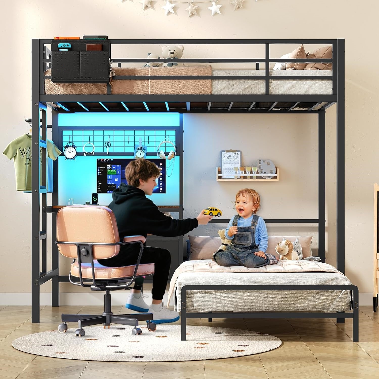 Mabor Metal Bunk Bed with Desk Twin Over Twin Size Bunk Bed with Charging Station and LED Lights, Twin Size Loft Bed Frame with Storage Shelves and Drawers for Bedroom, No Box Spring Needed, Black
