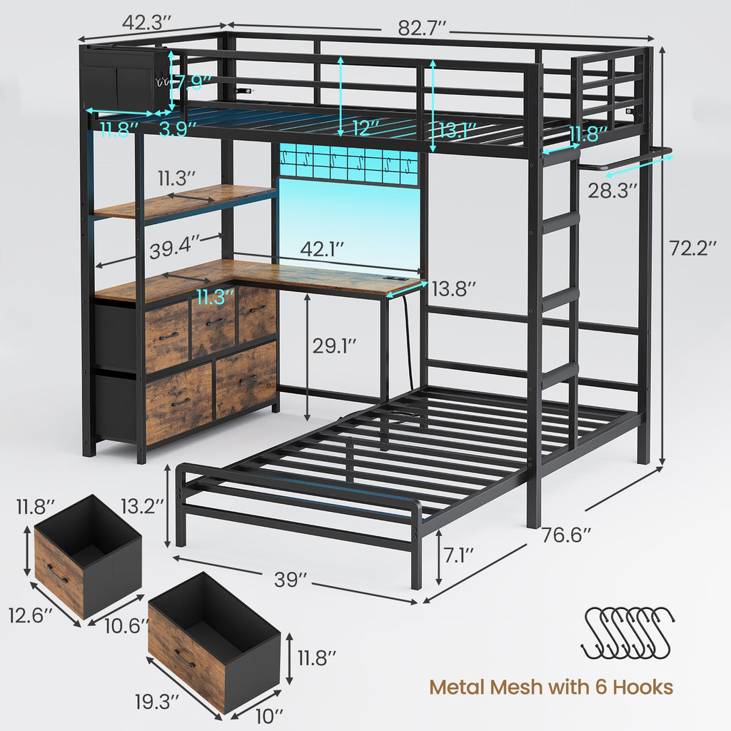 L-Shaped Bunk Bed Twin XL Over Twin Size Metal Bunk Bed with Charging Station and LED Lights and Drawers&Shelves for Bedroom, White