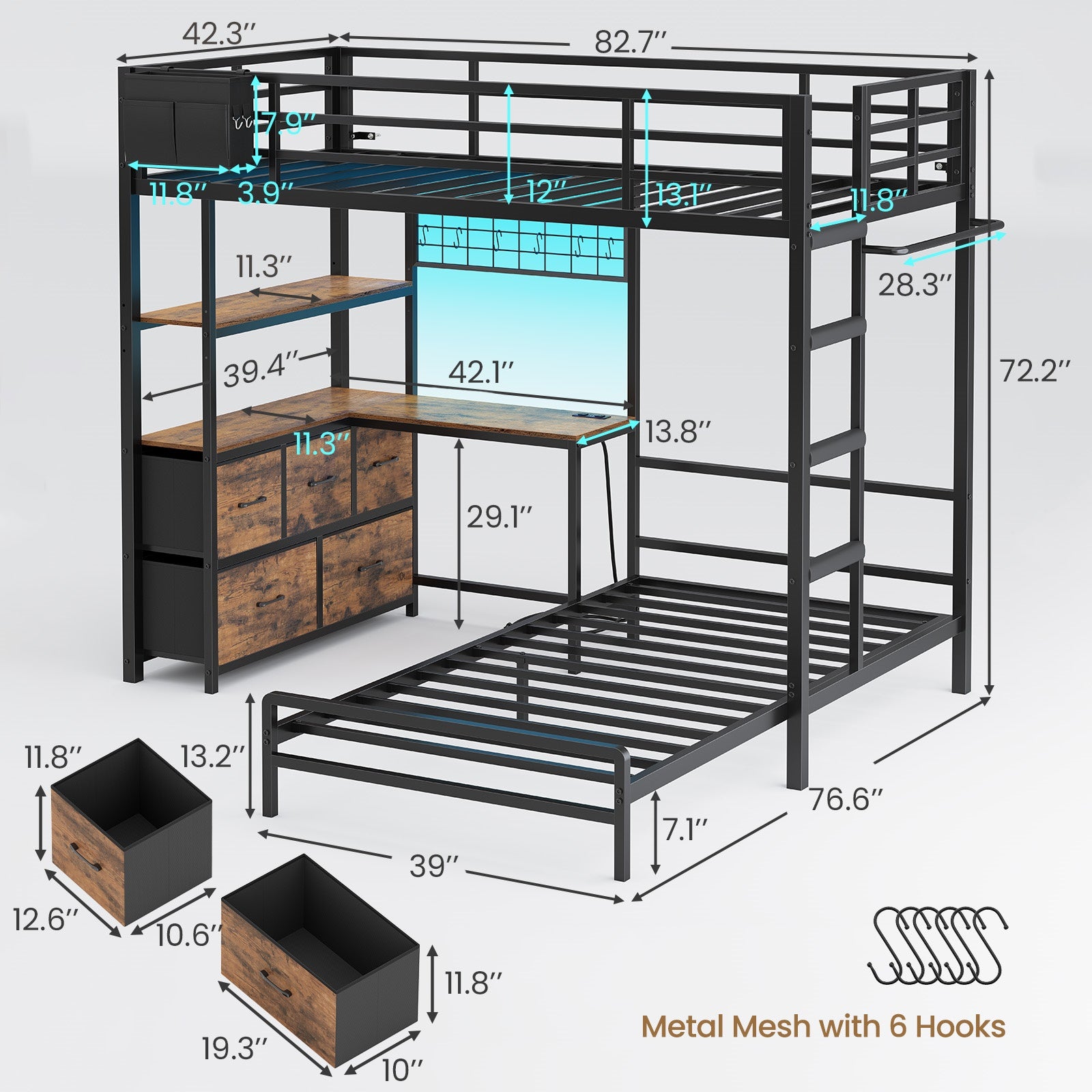 L-Shaped Bunk Bed Twin XL Over Twin Size Metal Bunk Bed with Charging Station and LED Lights and Drawers&Shelves for Bedroom, White