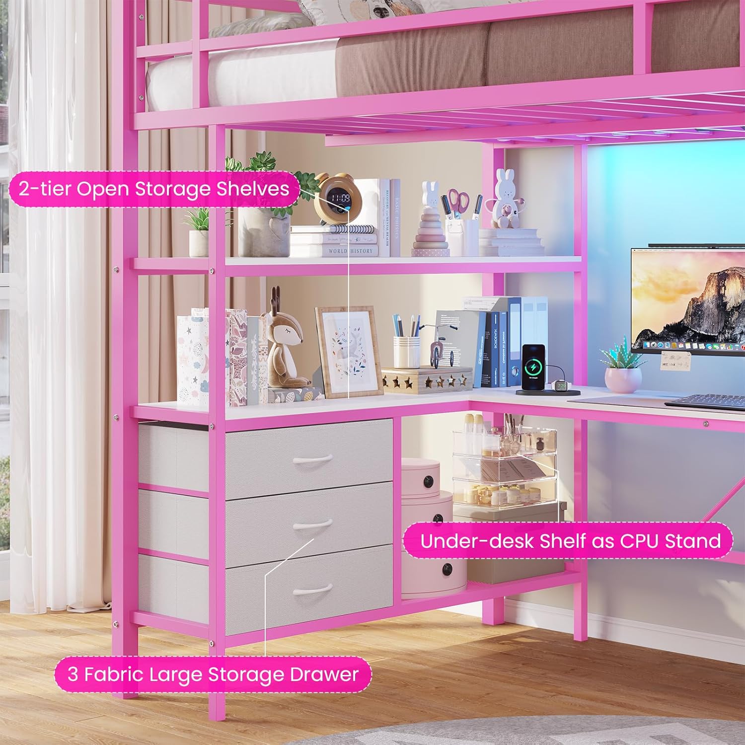 Full Size Loft Bed Frame with Desk&LED Lights&Charging Station&3 Storage Drawers, Black/White/Pink