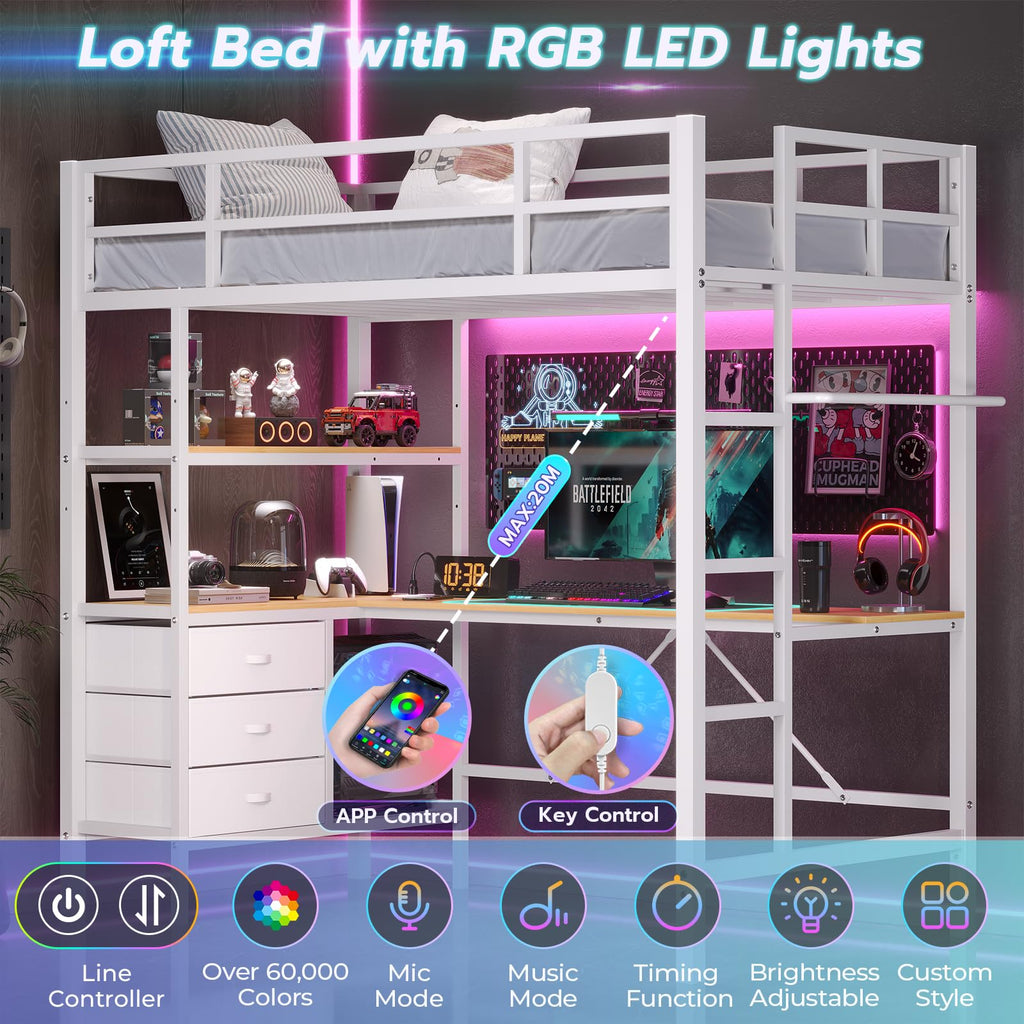 Twin Size Metal Loft Bed Frame with L-Shaped Desk&LED Lights&Charging Station, Black LED Loft Bed with 3 Storage Shelves&Drawers, No Box Spring Needed