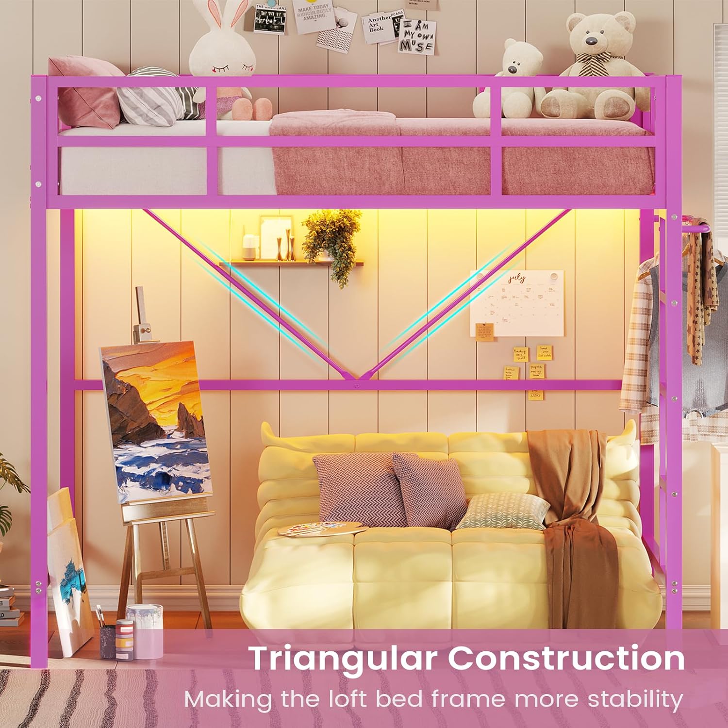 Twin Size Loft Bed Frame with Led Lights, Metal Loft Bed Frame with Full-Length Guardrail and Ladder, No Box Spring Needed, White
