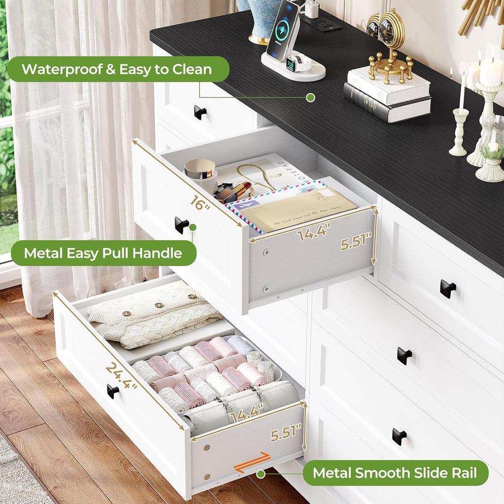 Mabor 9 Drawers Dresser with Charging Station for Bedroom, Chest of Drawers with 9 Drawers, Black/White
