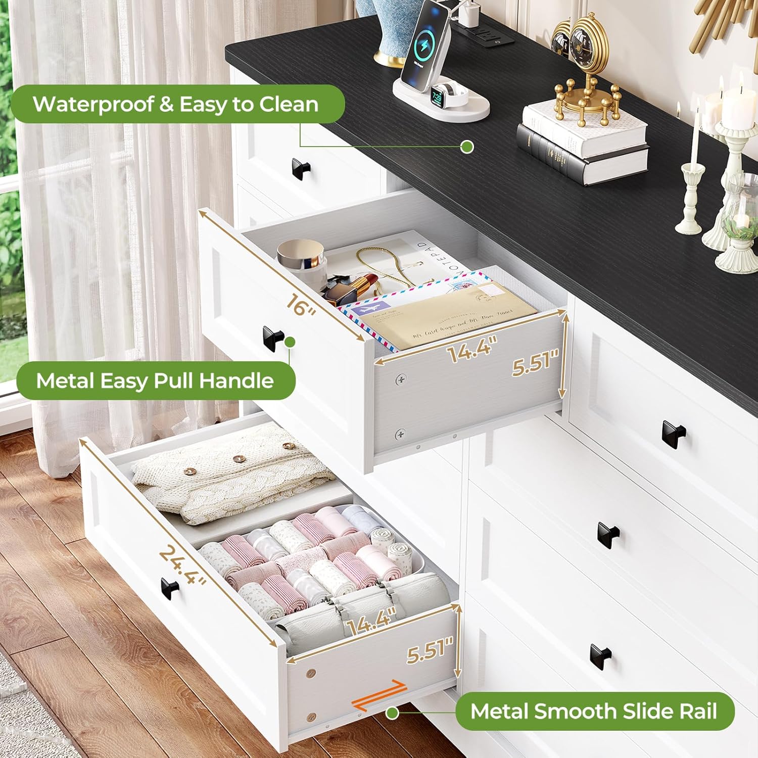 Mabor 9 Drawers Dresser with Charging Station for Bedroom, Chest of Drawers with 9 Drawers, Black/White