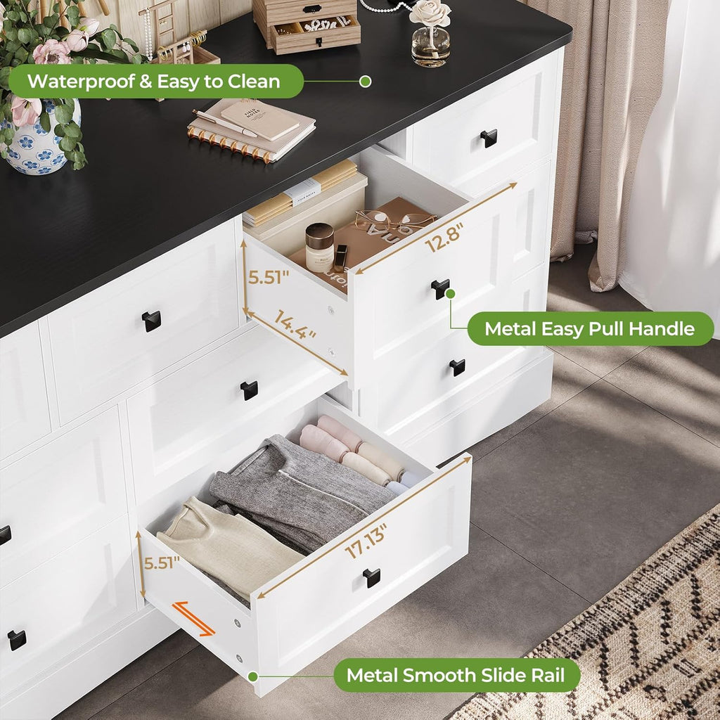Mabor 10 Drawers Dresser with Charging Station for Bedroom, Farmhouse Chest of Drawers, Black/White