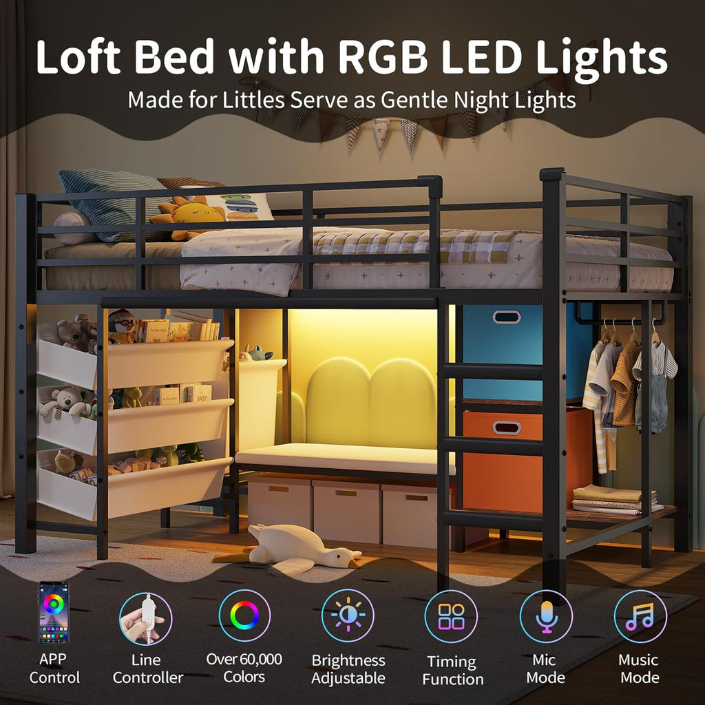 Mabor Twin Size Loft Bed with LED Lights & Reading Bench & Bookshelf & Storage Basket & Stairs for Bedroom, Black/White/Pink