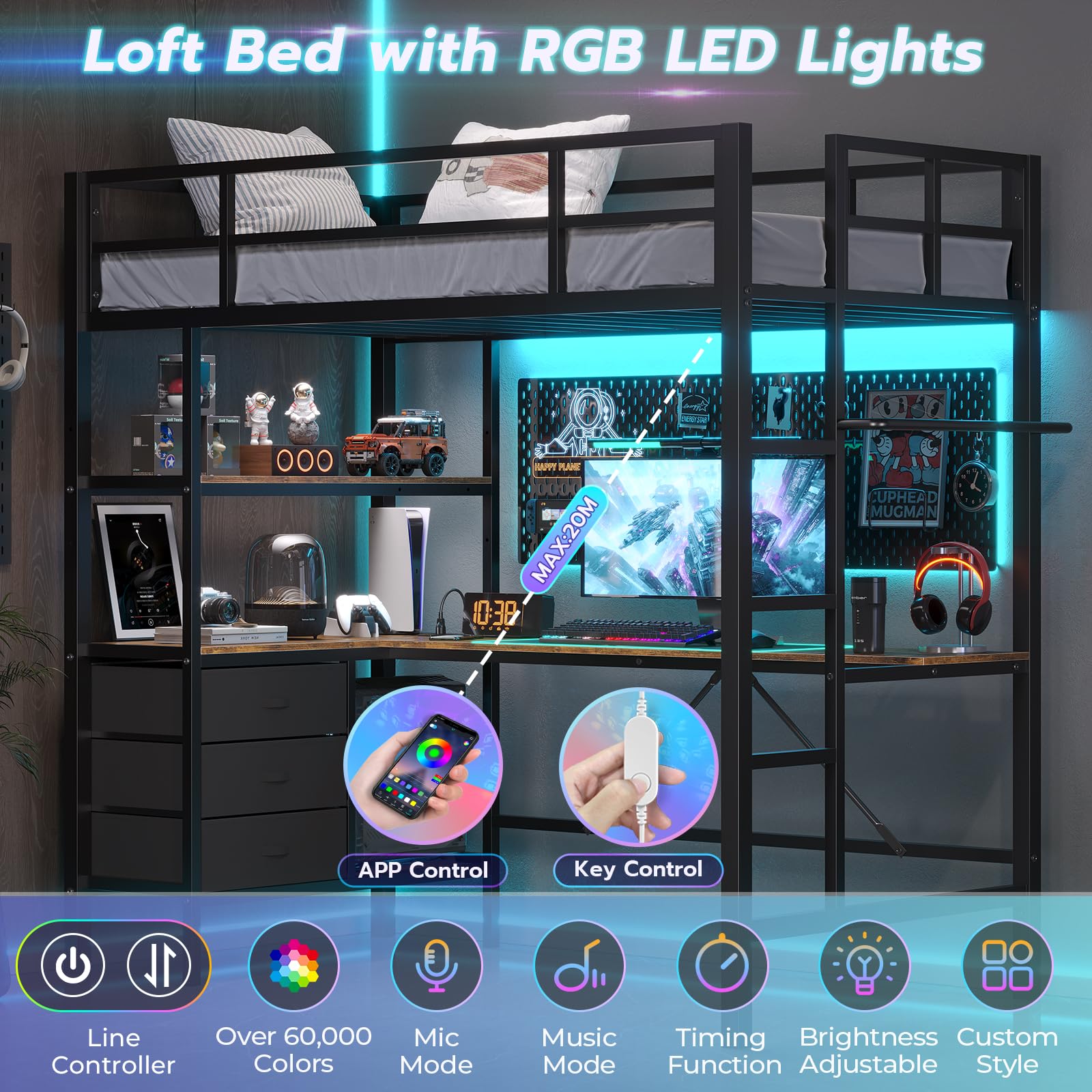 Twin Size Metal Loft Bed Frame with L-Shaped Desk&LED Lights&Charging Station, Black LED Loft Bed with 3 Storage Shelves&Drawers, No Box Spring Needed