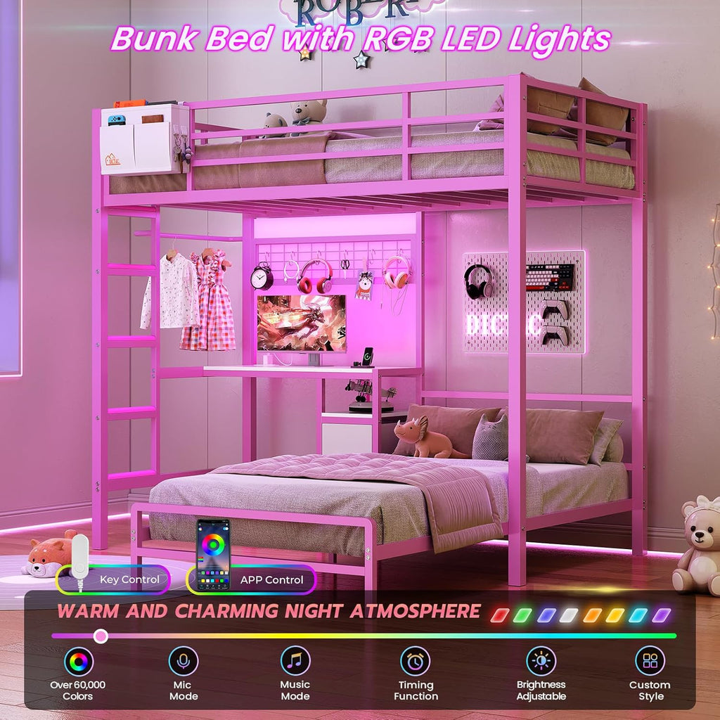 Mabor Metal Bunk Bed with Desk Twin Over Twin Size Bunk Bed with Charging Station and LED Lights, Twin Size Loft Bed Frame with Storage Shelves and Drawers for Bedroom, No Box Spring Needed, Black