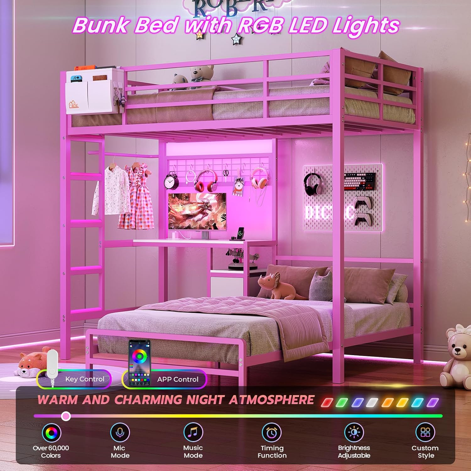 Mabor Metal Bunk Bed with Desk Twin Over Twin Size Bunk Bed with Charging Station and LED Lights, Twin Size Loft Bed Frame with Storage Shelves and Drawers for Bedroom, No Box Spring Needed, Black