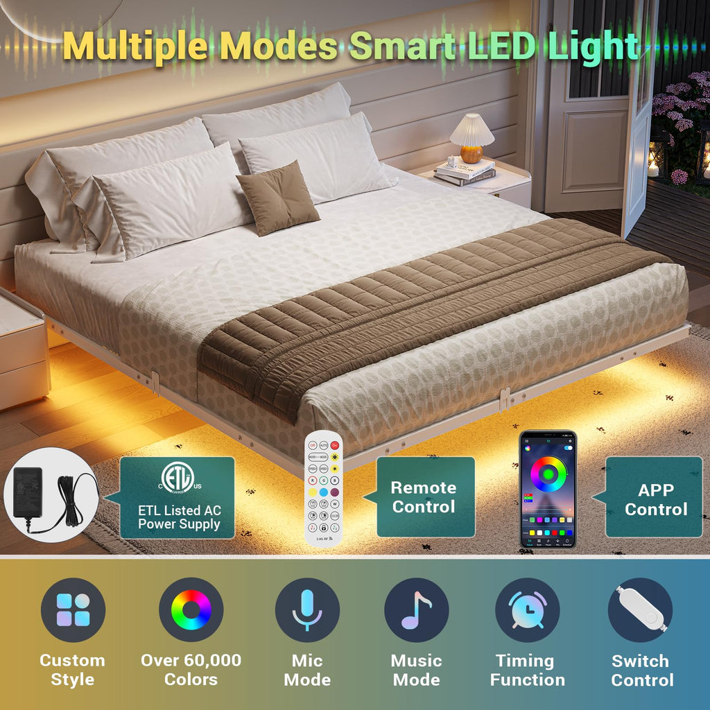 Mabor Metal Floating Bed Frame with LED Lights for Bedroom,No Box Spring Needed,Black/White