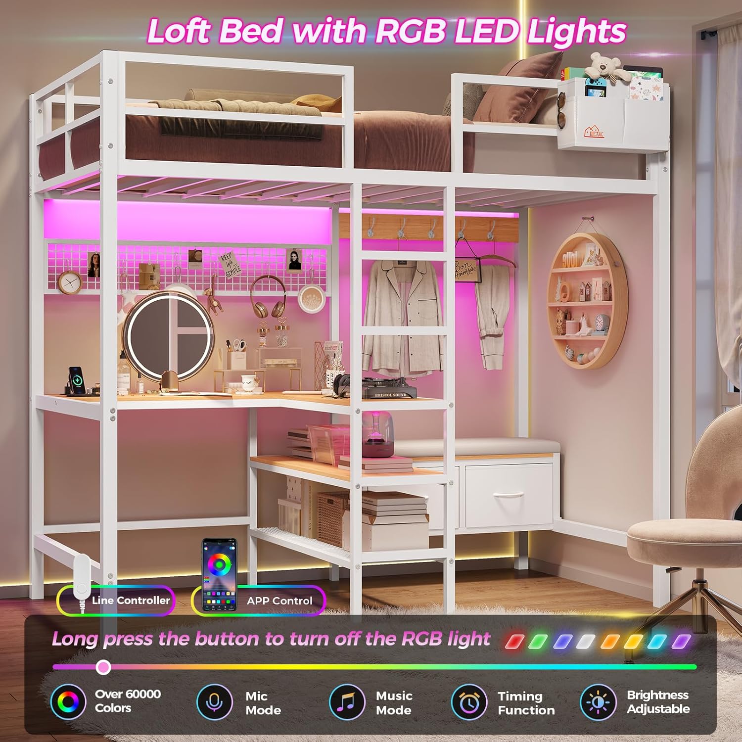 Twin Size Loft Bed with L-Shaped Desk&LED Lights&Charging Station, Twin Metal Loft Bed with Storage Shelves&Drawers,Top Bunk with Safety Guard & Stair, Black