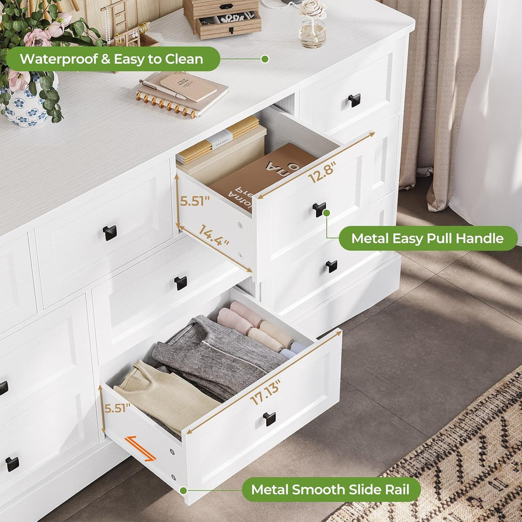 Mabor 10 Drawers Dresser with Charging Station for Bedroom, Farmhouse Chest of Drawers, Black/White