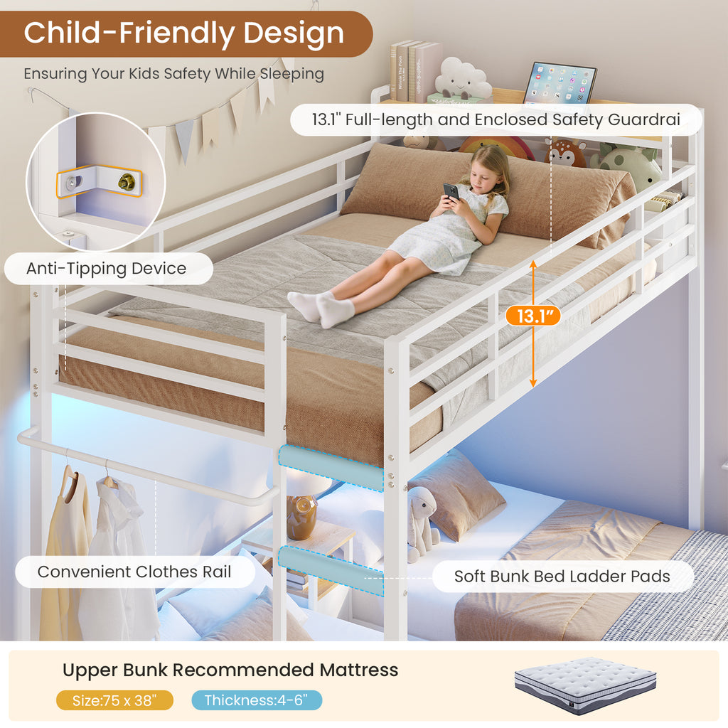 Mabor Triple Bunk Bed with LED Lights and Charging Station, Twin Over Twin Over Twin Loft Bed Frame with 3 Storage Drawers&Study Desk&Guardrails and Ladder, Black/White