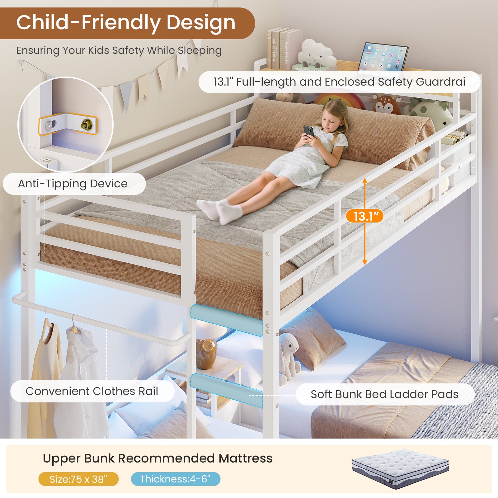 Mabor Triple Bunk Bed with LED Lights and Charging Station, Twin Over Twin Over Twin Loft Bed Frame with 3 Storage Drawers&Study Desk&Guardrails and Ladder, Black/White