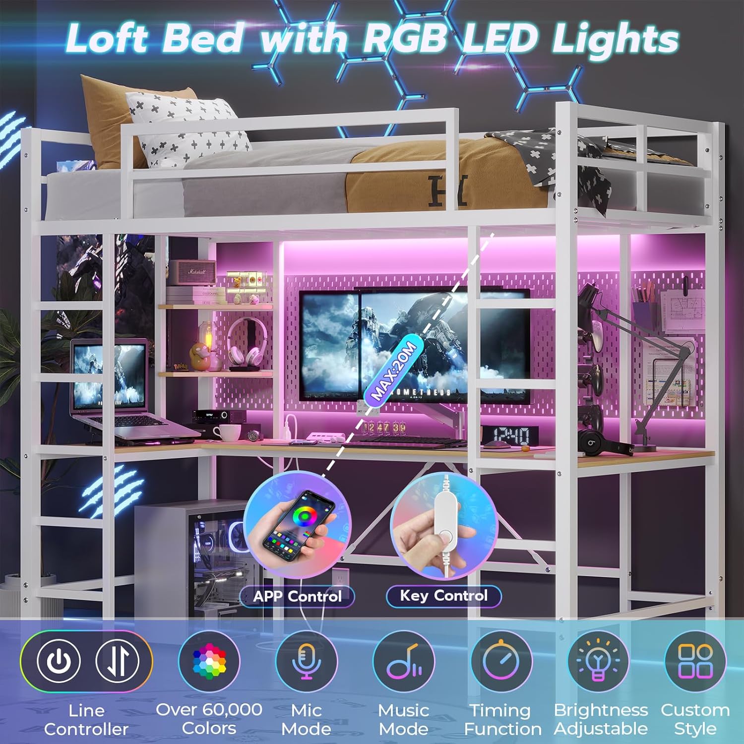 Twin Size Metal Loft Bed Frame with U shaped Desk&Charging Station&LED Lights, Twin Loft Bed Frame with Storage Shelves, Safety Guard & Ladder, Black