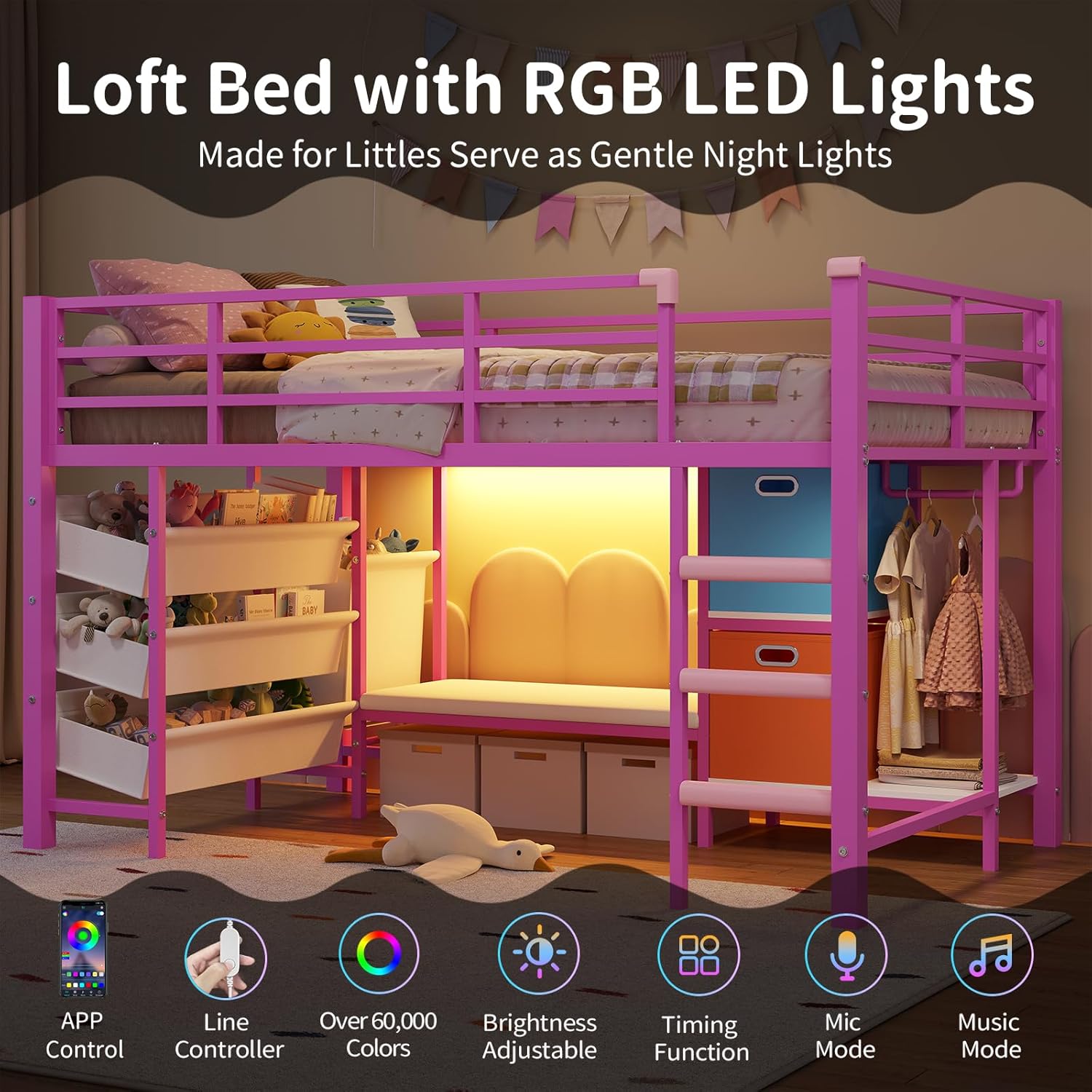 Mabor Twin Size Loft Bed with LED Lights & Reading Bench & Bookshelf & Storage Basket & Stairs for Bedroom, Black/White/Pink