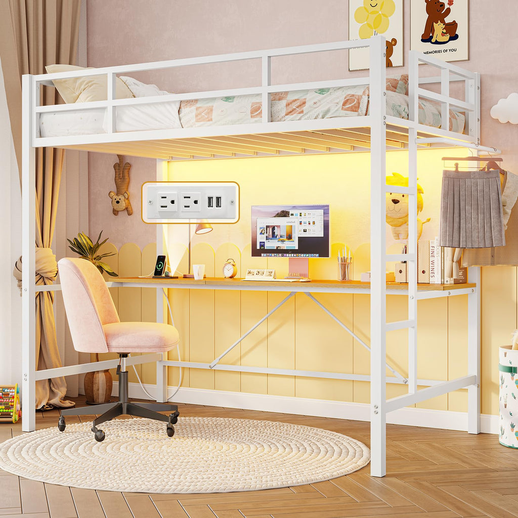 Twin Size Loft Bed Frame with Desk&Charging Station&Led Lights&Clothes Rail, Black/White