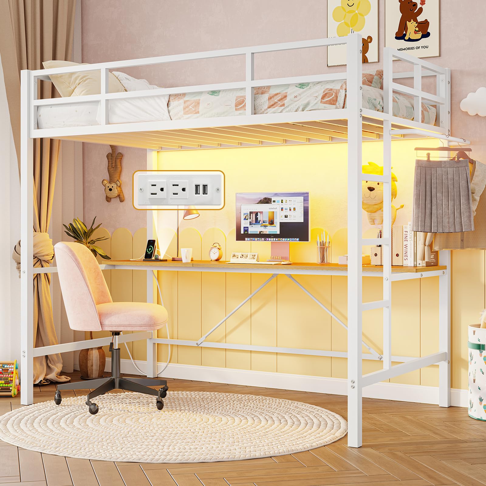 Twin Size Loft Bed Frame with Desk&Charging Station&Led Lights&Clothes Rail, Black/White