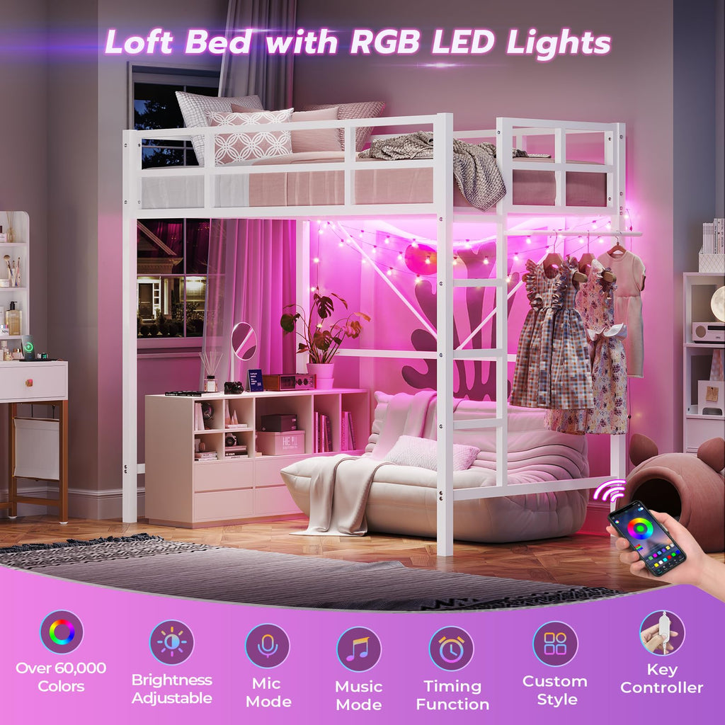 Twin Size Loft Bed Frame with Led Lights, Metal Loft Bed Frame with Full-Length Guardrail and Ladder, No Box Spring Needed, White