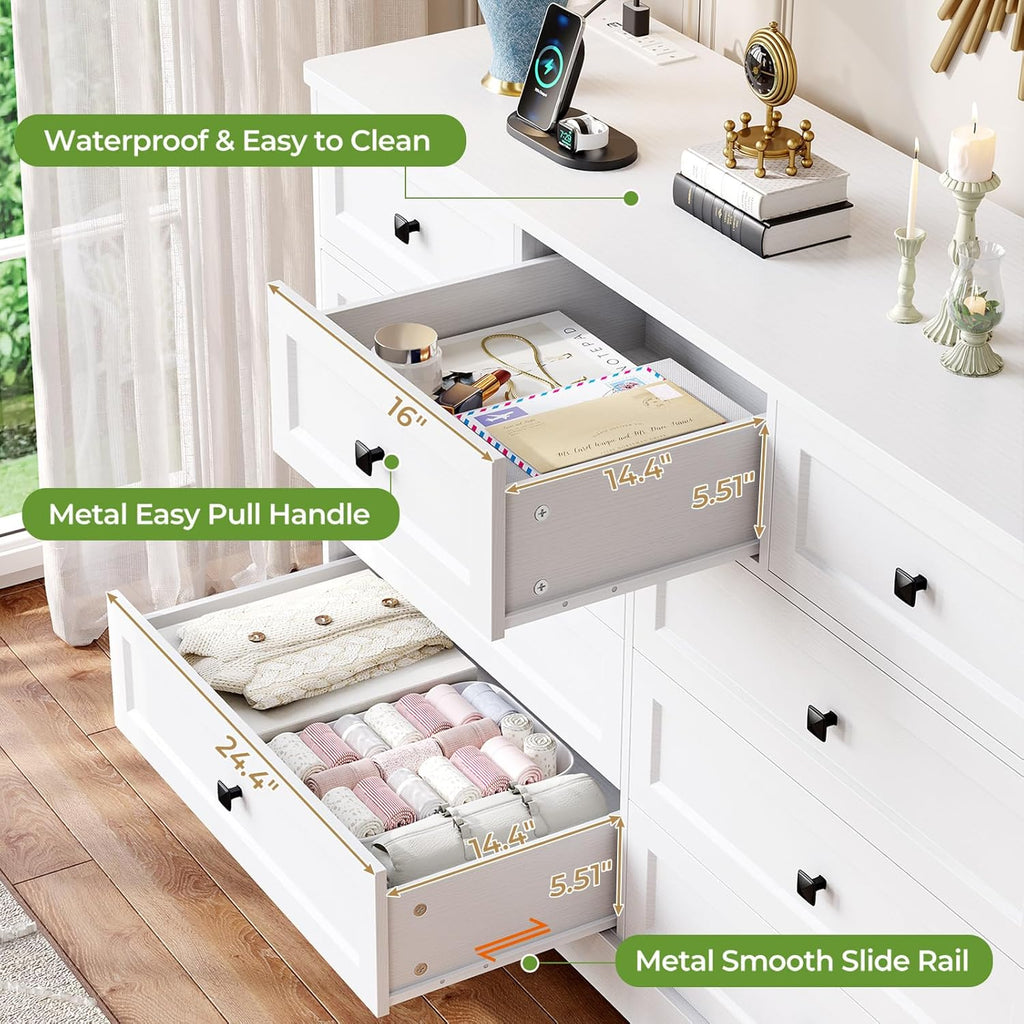 Mabor 9 Drawers Dresser with Charging Station for Bedroom, Chest of Drawers with 9 Drawers, Black/White
