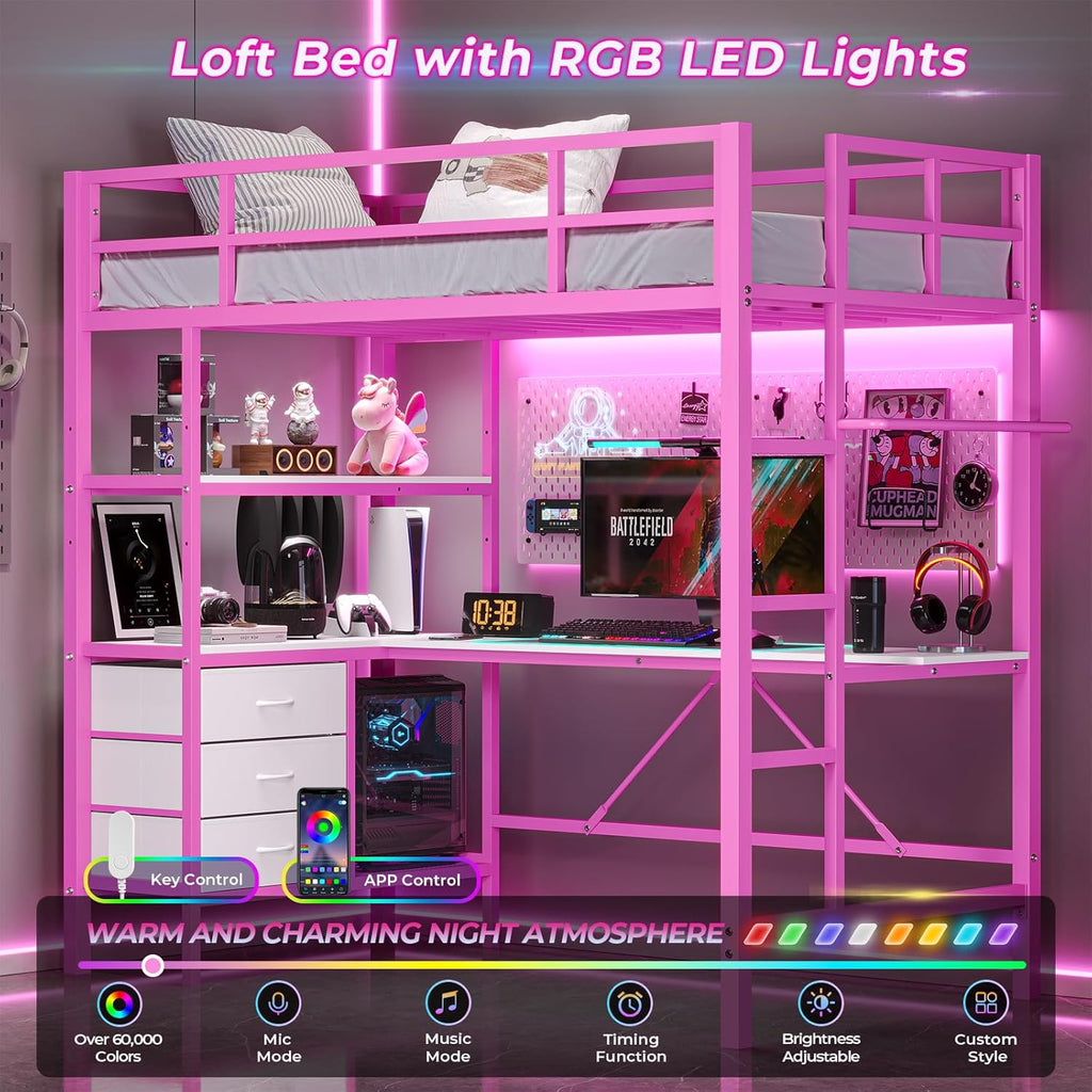 Twin Size Metal Loft Bed Frame with L-Shaped Desk&LED Lights&Charging Station, Black LED Loft Bed with 3 Storage Shelves&Drawers, No Box Spring Needed