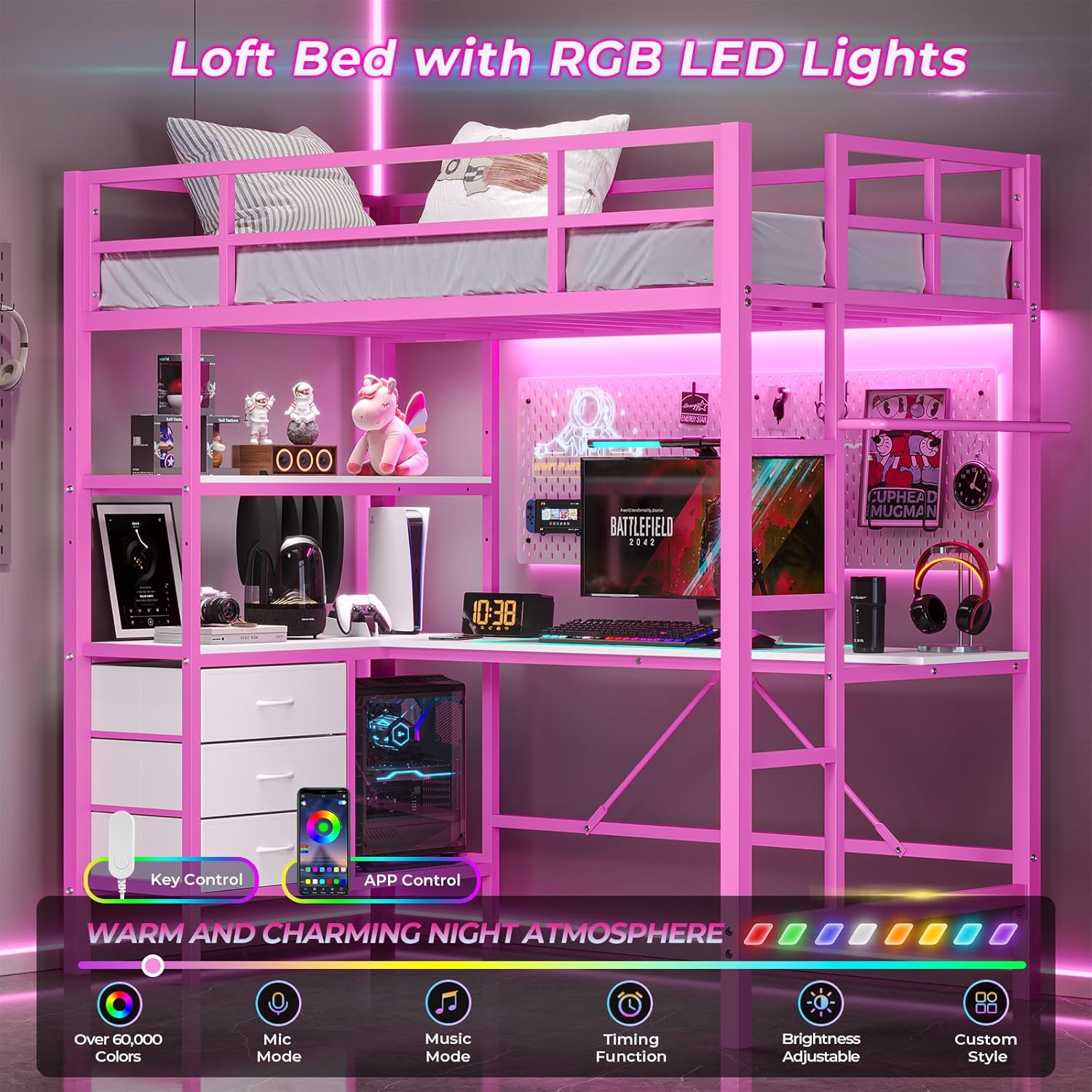 Twin Size Metal Loft Bed Frame with L-Shaped Desk&LED Lights&Charging Station, Black LED Loft Bed with 3 Storage Shelves&Drawers, No Box Spring Needed