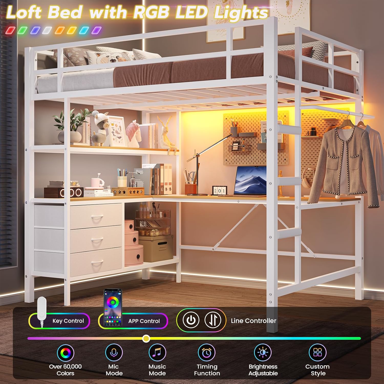 Full Size Loft Bed Frame with Desk&LED Lights&Charging Station&3 Storage Drawers, Black/White/Pink