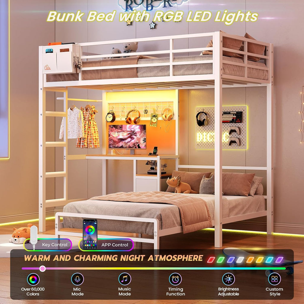Mabor Metal Bunk Bed with Desk Twin Over Twin Size Bunk Bed with Charging Station and LED Lights, Twin Size Loft Bed Frame with Storage Shelves and Drawers for Bedroom, No Box Spring Needed, Black