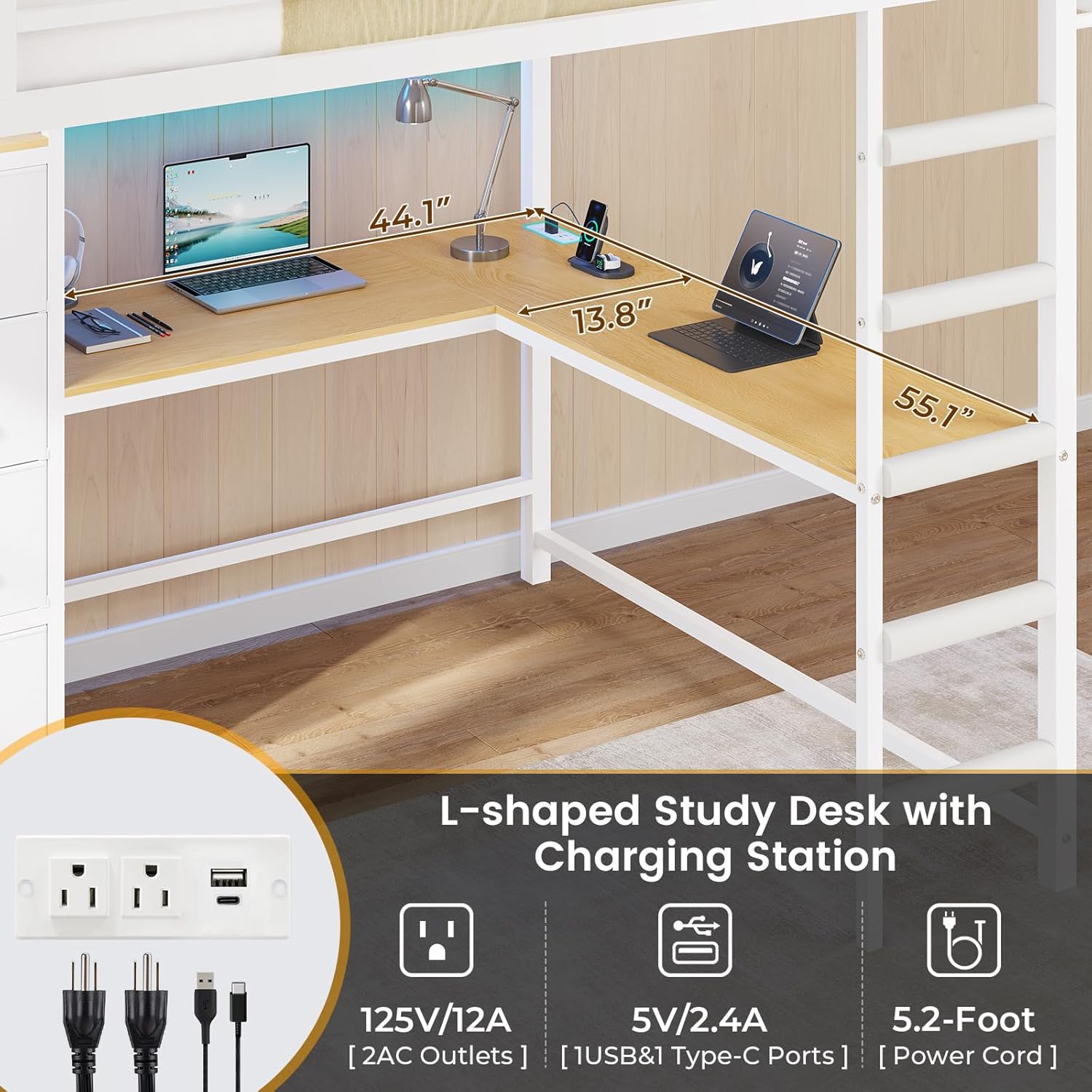Mabor Twin/Full Size Loft Bed Frame with L-Shaped Desk & Charging Station & LED Lights & 7 Storage Drawers for Bedroom, Black/White