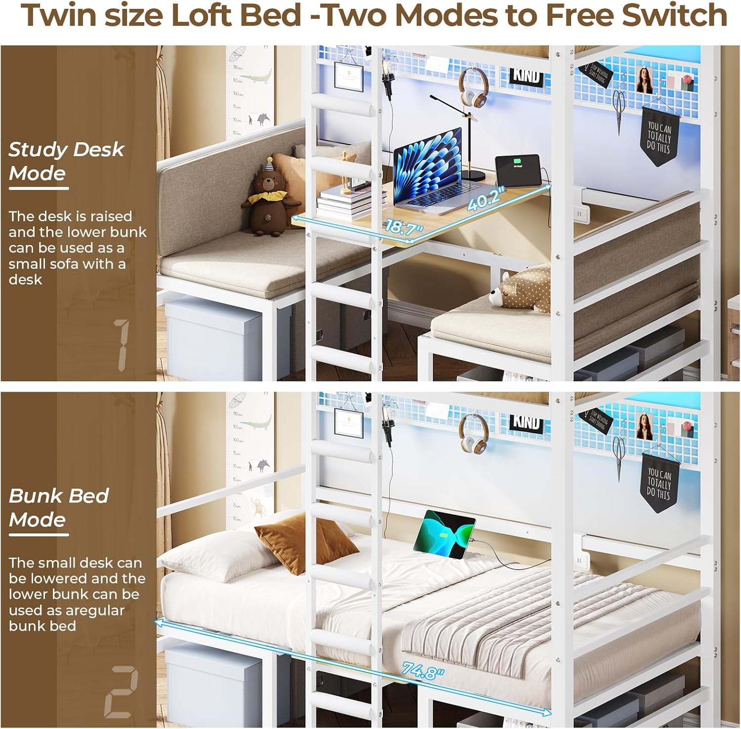 Twin Over Twin Metal Bunk Bed with Desk, Twin Size Loft Bed with Led Lights and Charging Station, Safety Guard and Stair, Convertible Metal Bunk Bed