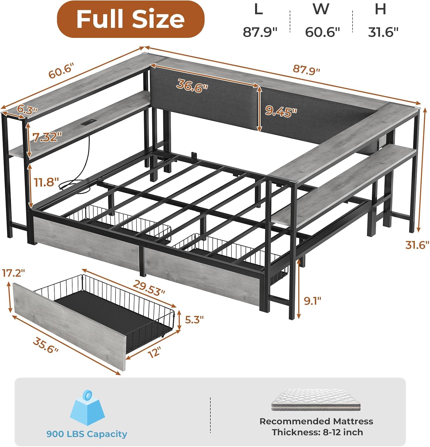 Mabor Corner Bed Frame Twin/Full Size Daybeds with 2 Drawers & Charging Station & Storage Shelves for Bedroom, Black/Gray