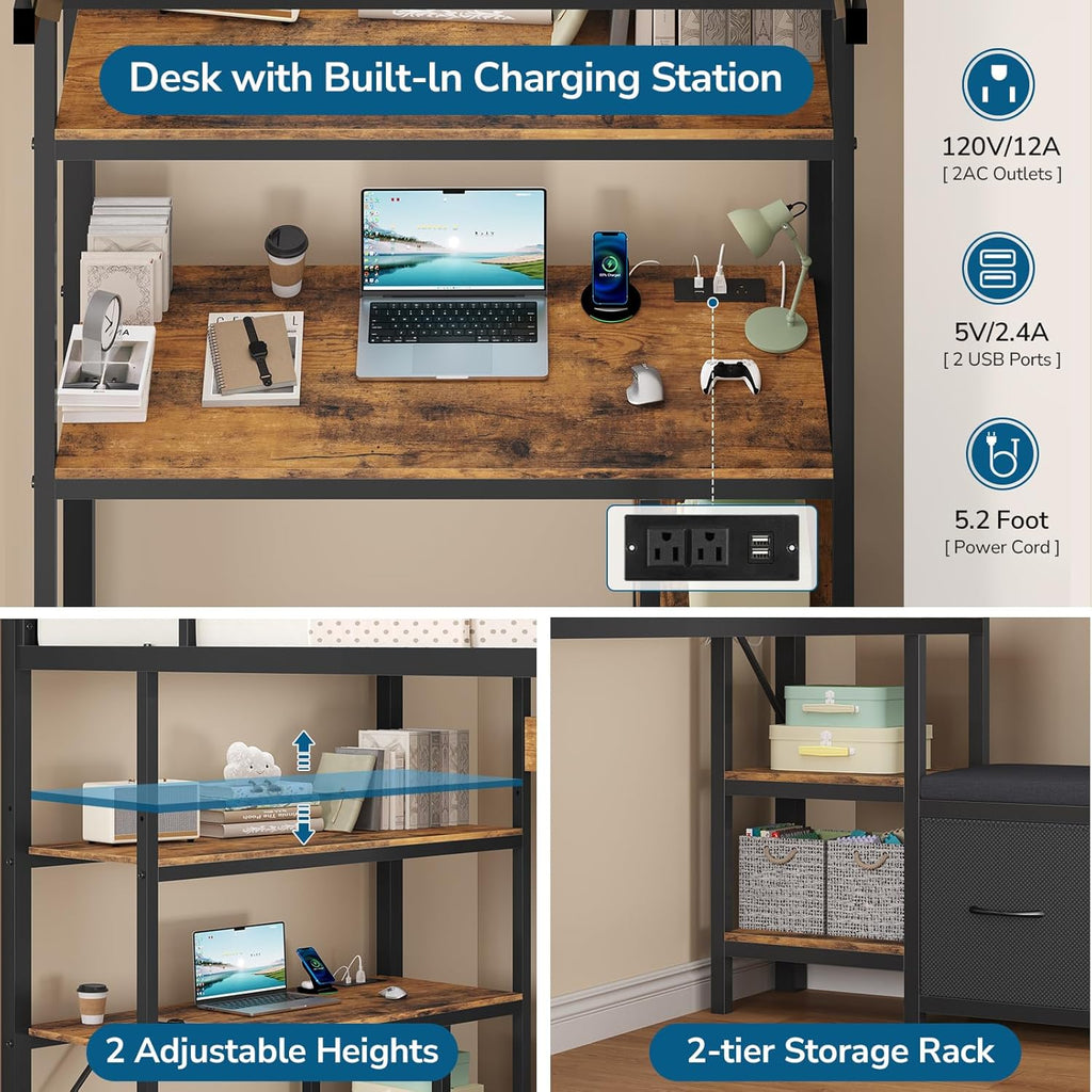 Mabor Twin Size Loft Bed with Desk and 6 Storage Drawers and LED Lights and Charging Station and Large Pegboard,Black/White